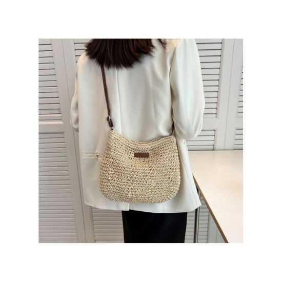 Large Capacity Woven Straw Tote Bag with Zipper | Handmade Crossbody Beach Bag for Women