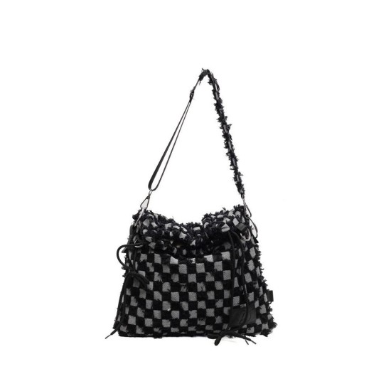 Large Capacity Canvas Tote Bag with Checkerboard Print, Casual Crossbody and Backpack in Two Styles